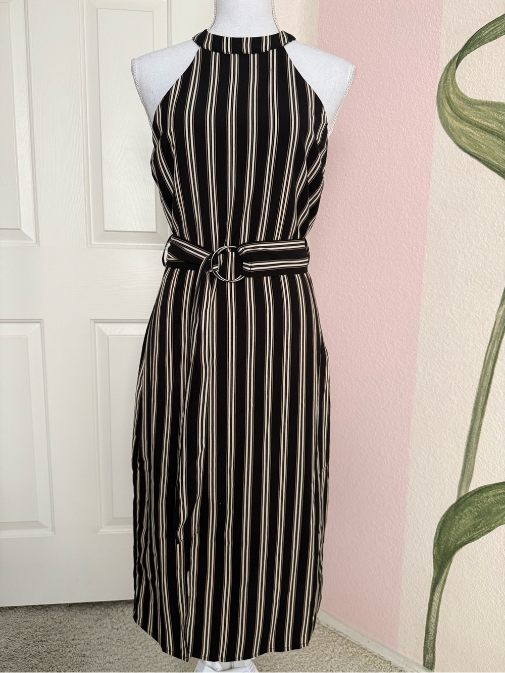 Moon River Black and Cream Striped Halter Midi Dress with Belt